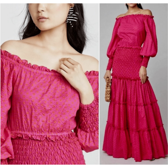 NWT Alexis Thalssa Off The Shoulder Shirred Maxi Dress Size S Fuchsia Dot #2A451 - Picture 3 of 10